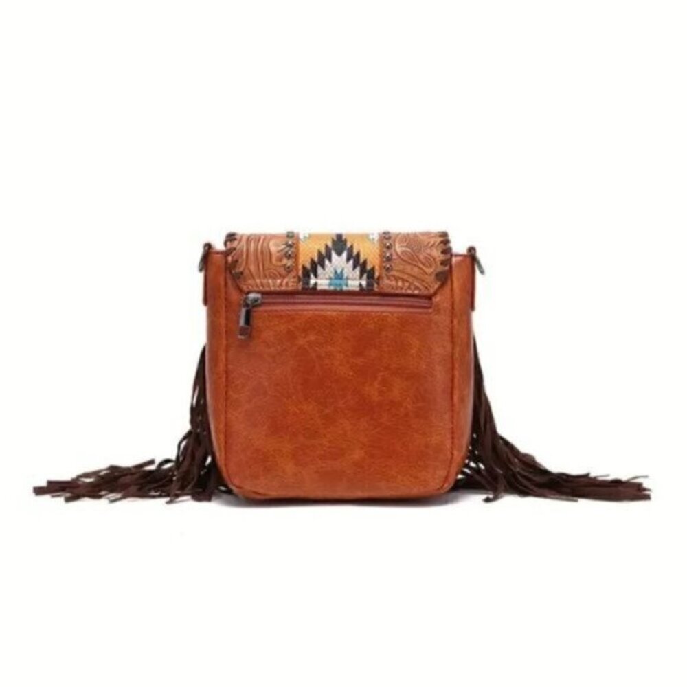 Vintage Bohemian Style Rivet Crossbody Bag, Tassel  Aztec Tribal Fringe Purse - Picture 2 of 5